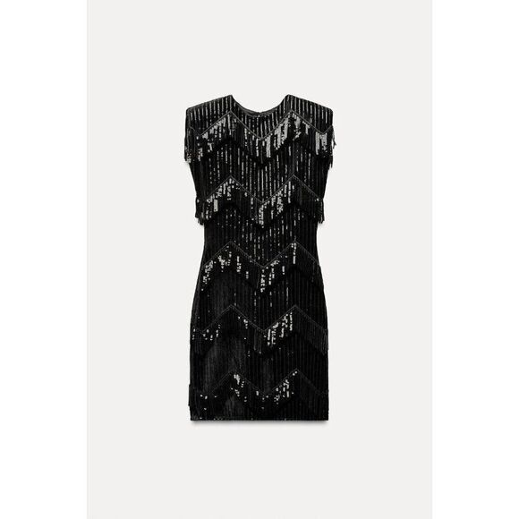 Zara Womens Velvet Fringe Sequin Dress Mini Bodycon Size XL Black 9783/594 NWT - Picture 1 of 13